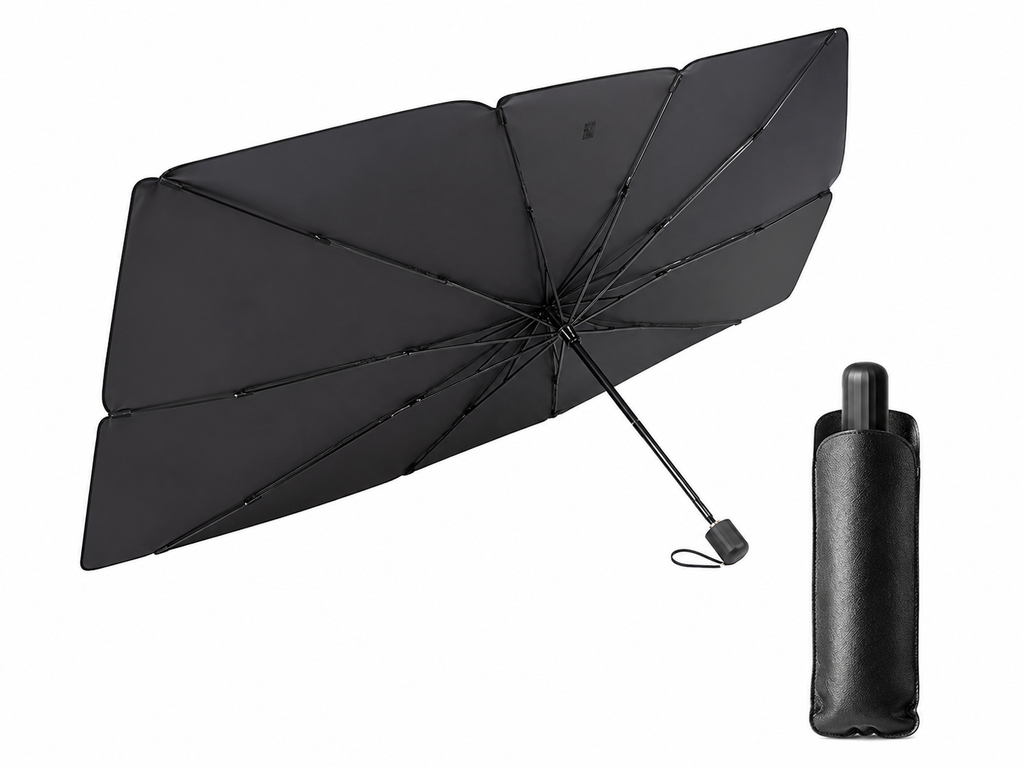 Black umbrella and its folded case on a white background
