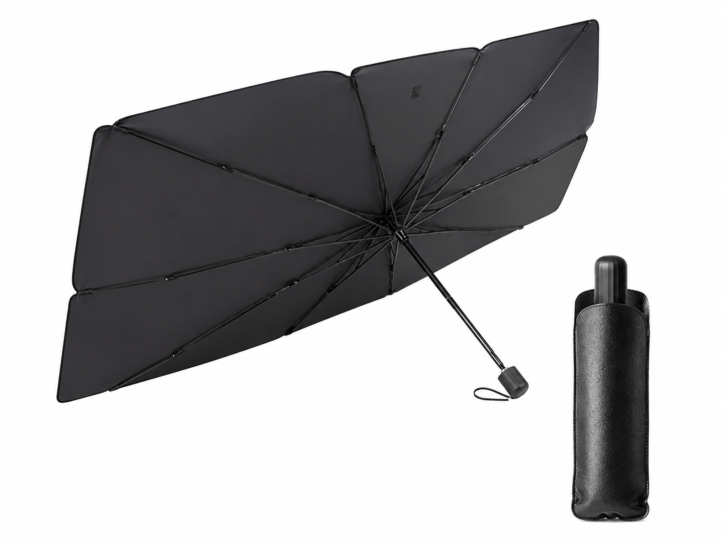 Black umbrella and its folded case on a white background
