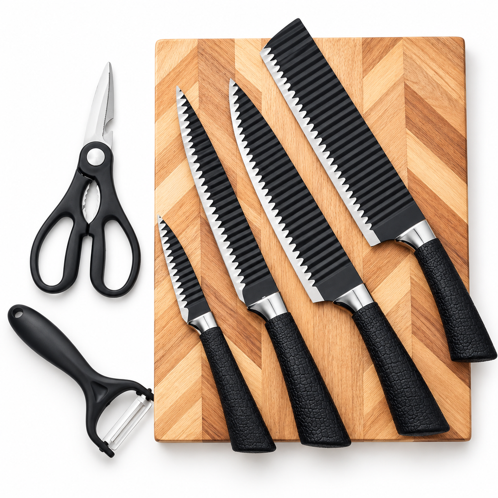 Stainless Steel Serrated Kitchen Knife Set with Wooden Cutting Board