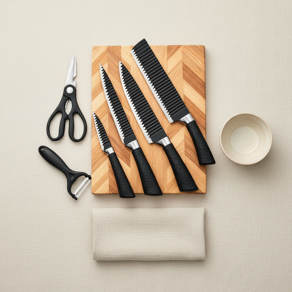 Stainless Steel Serrated Kitchen Knife Set with Wooden Cutting Board