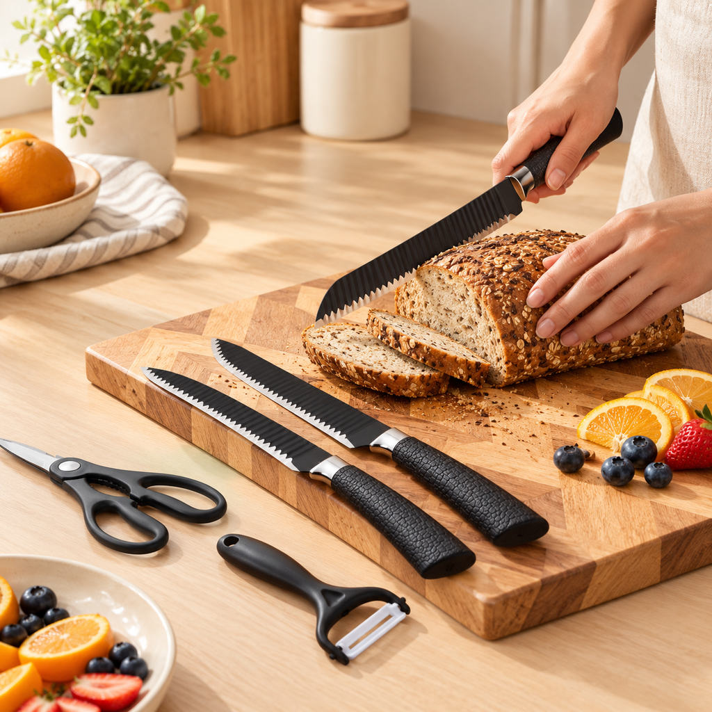 Stainless Steel Serrated Kitchen Knife Set with Wooden Cutting Board