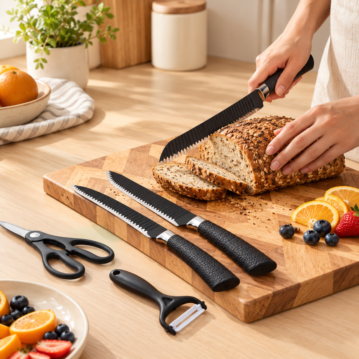 Stainless Steel Serrated Kitchen Knife Set with Wooden Cutting Board
