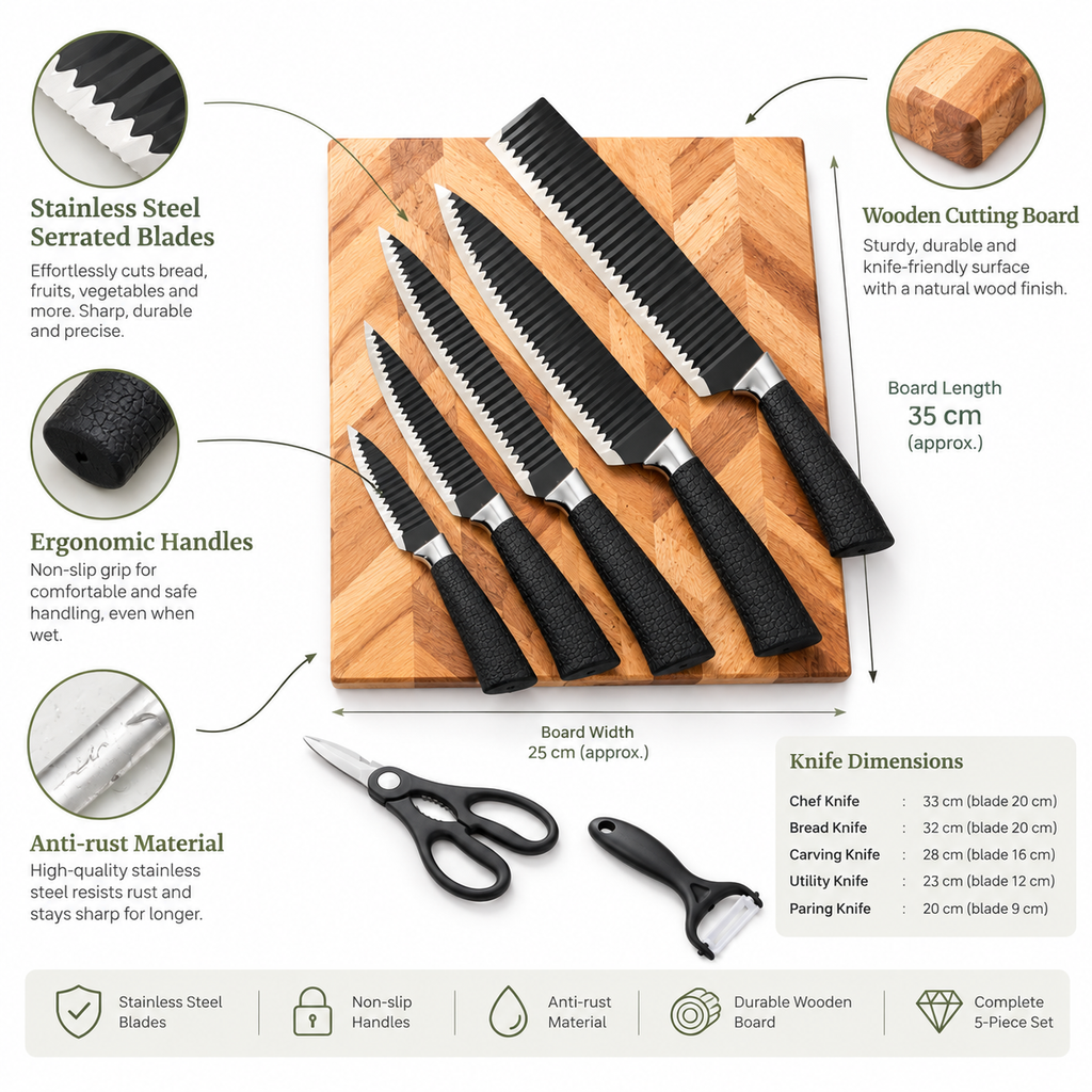 Stainless Steel Serrated Kitchen Knife Set with Wooden Cutting Board