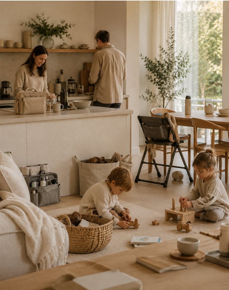 Family in a cozy kitchen with children playing on the floor.