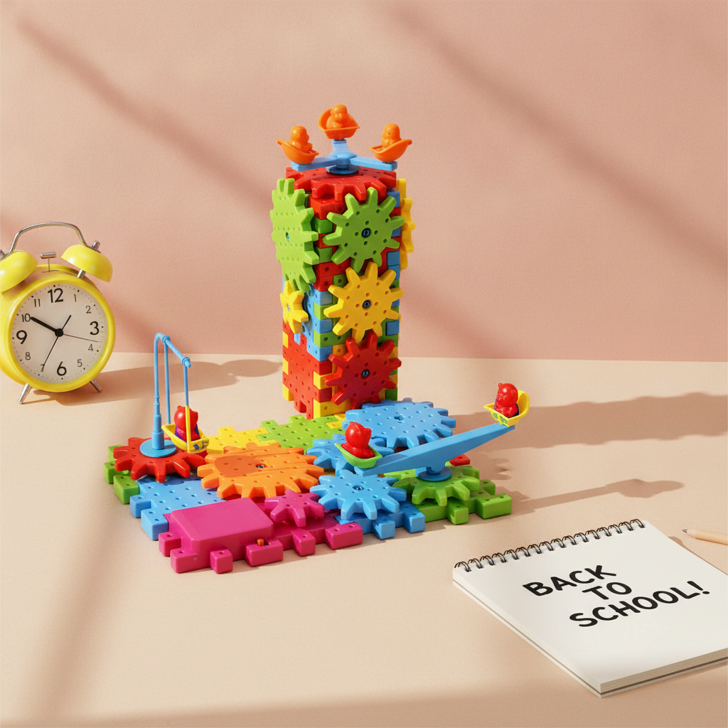 Colorful gear toy set on a table with a 'Back to School' notebook and alarm clock.