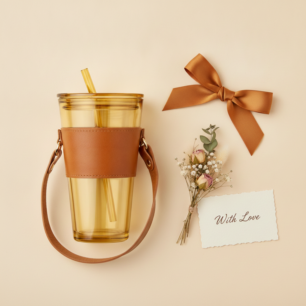 Amber Glass Tumbler with Leather Strap
