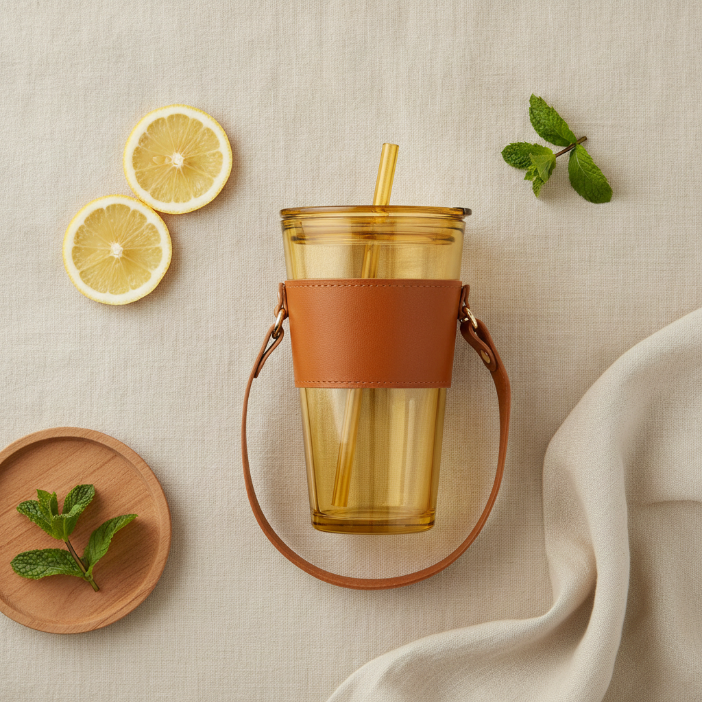 Amber Glass Tumbler with Leather Strap
