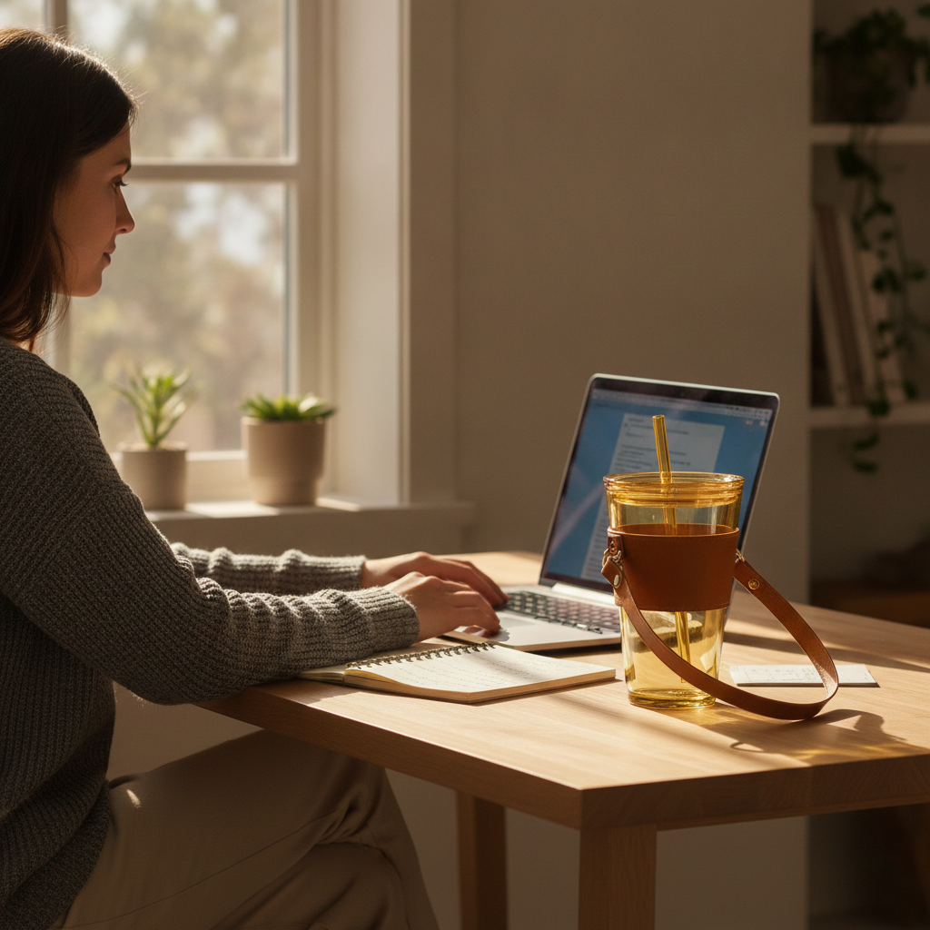 Amber Glass Tumbler with Leather Strap