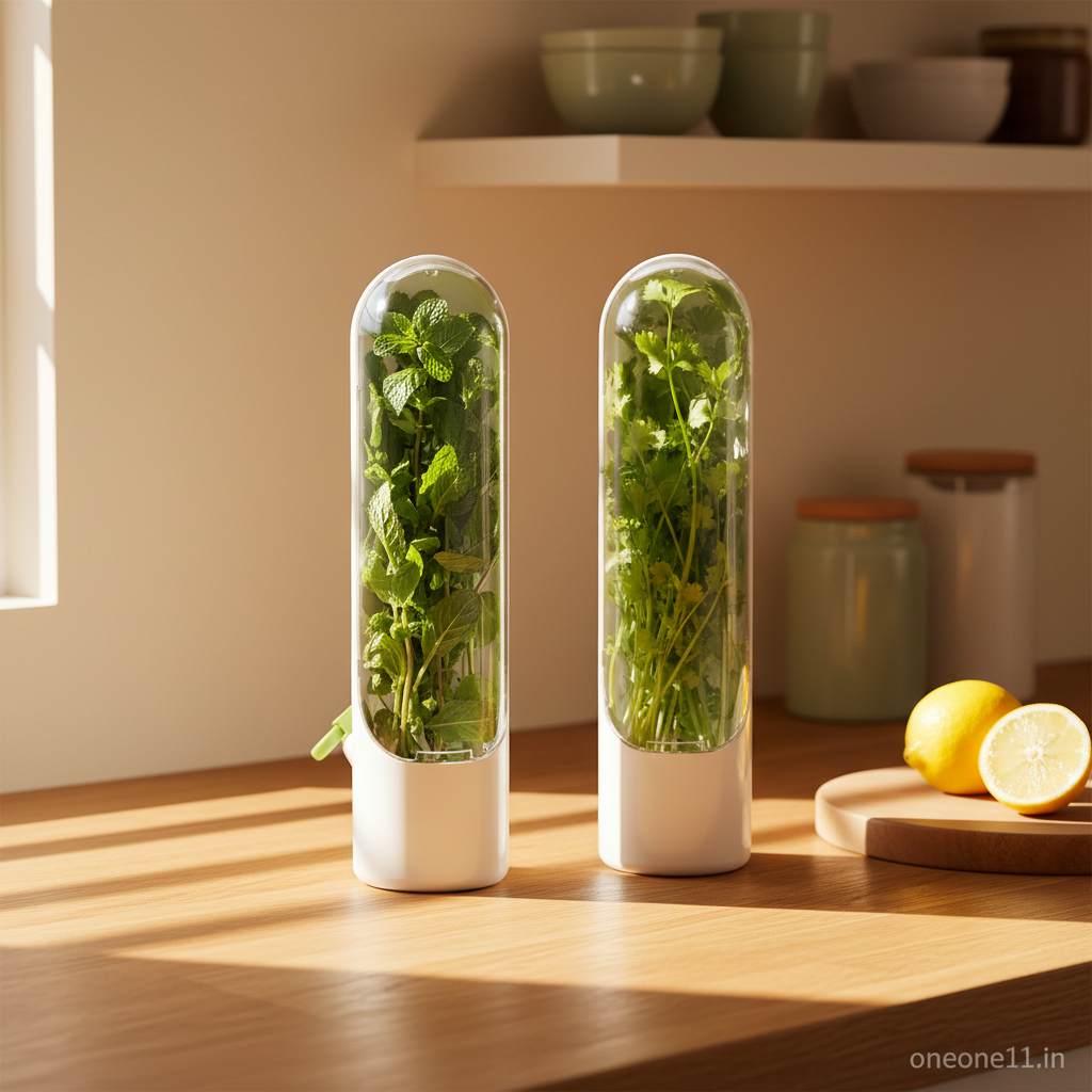 Two cylindrical containers with green plants on a wooden table in a kitchen setting.