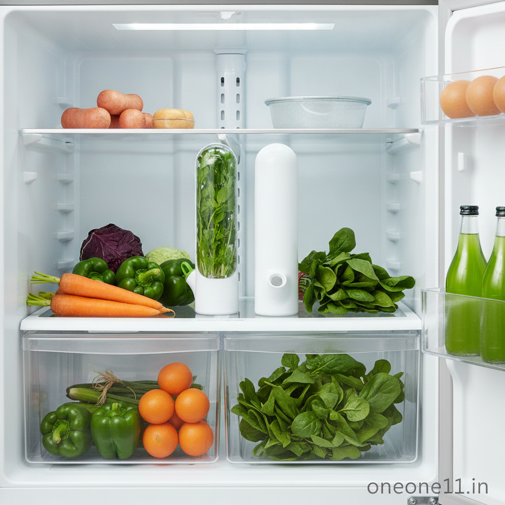 Open refrigerator with fresh fruits and vegetables on the shelves.