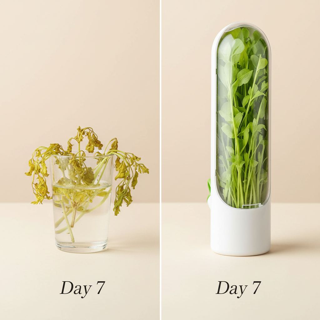 Side-by-side comparison of a glass with wilted herbs and a white container with fresh herbs after 7 days on a beige background.