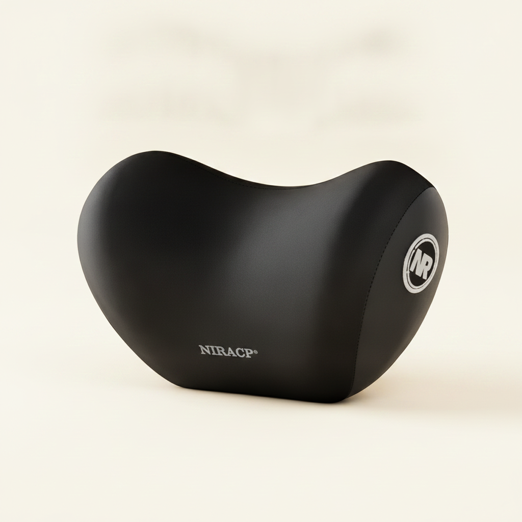 Black neck pillow with 'NIRACP' branding on a beige background