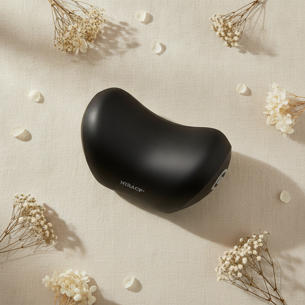 Black electronic device with 'Nirap' branding on a beige surface with scattered white flowers.