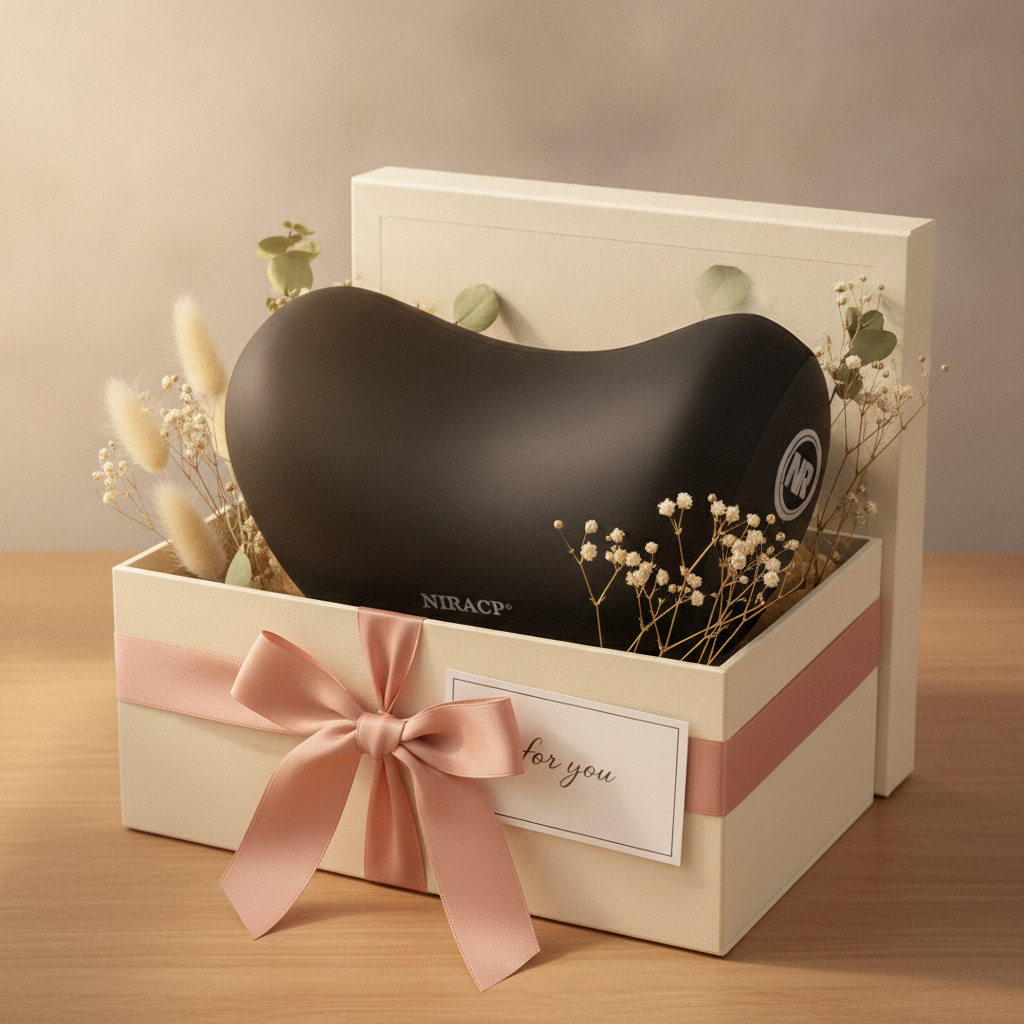 Black heart-shaped product in a gift box with a pink bow on a wooden surface.