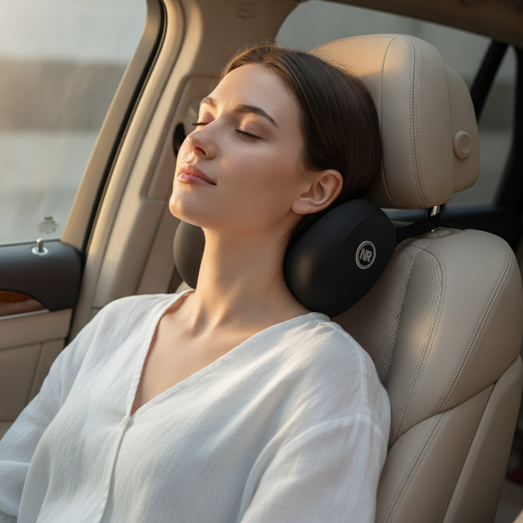 Woman using a neck massager in a car