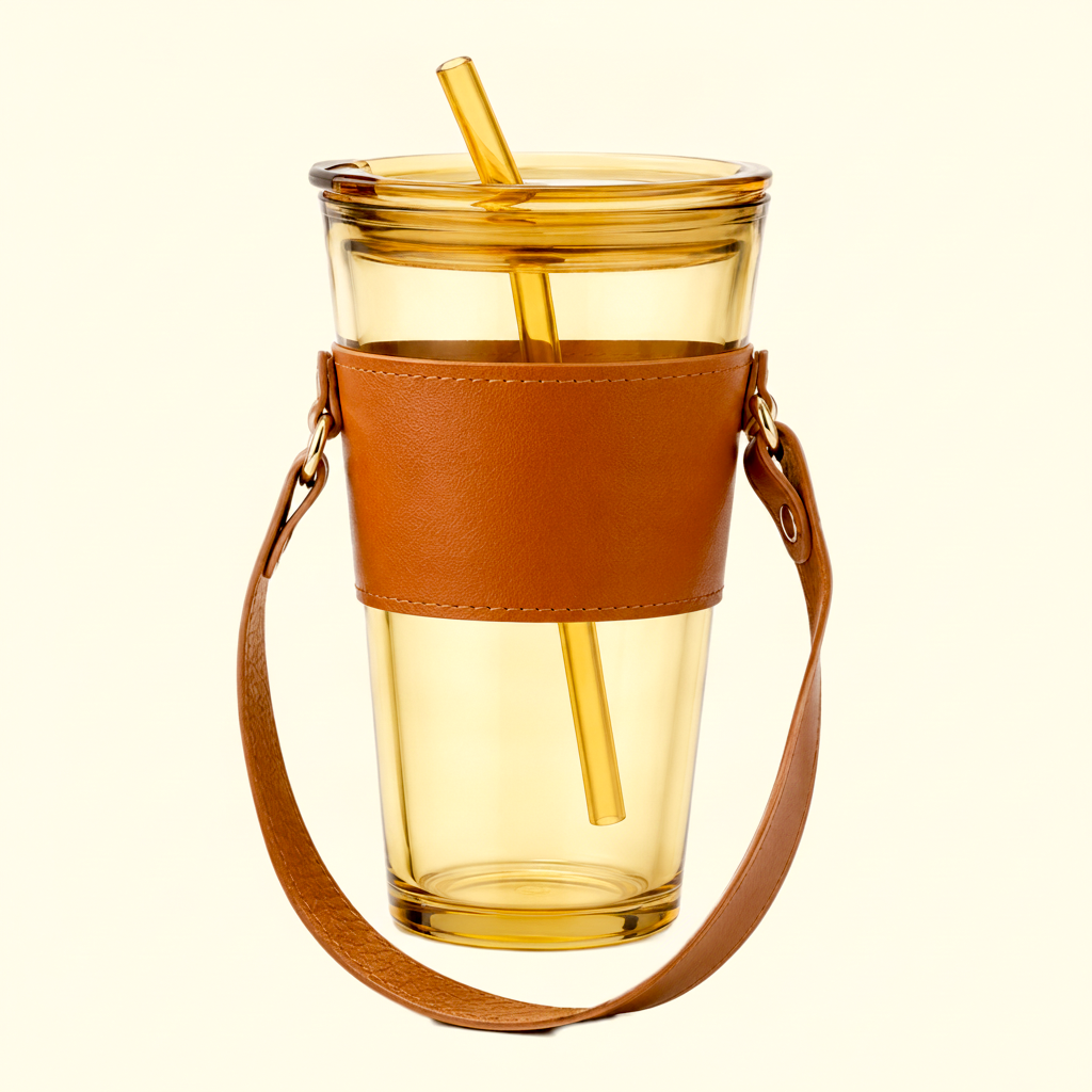 Amber Glass Tumbler with Leather Strap