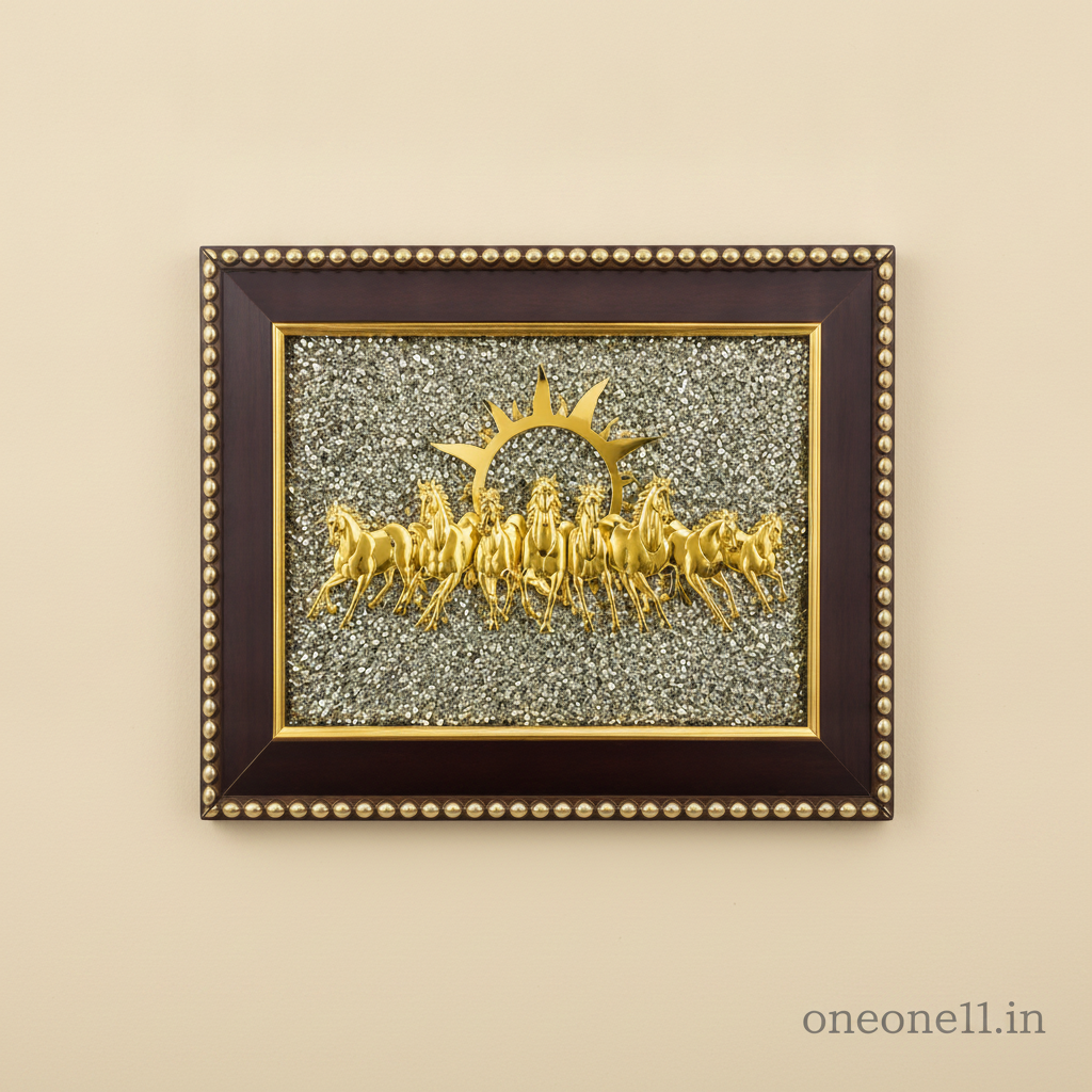 7 Horses on Raw Pyrite Frame – Vastu Seven Horses Wall Decor with Natural Pyrite Stone