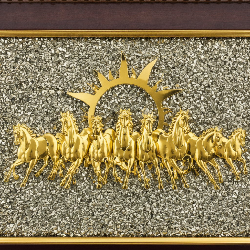 7 Horses on Raw Pyrite Frame – Vastu Seven Horses Wall Decor with Natural Pyrite Stone