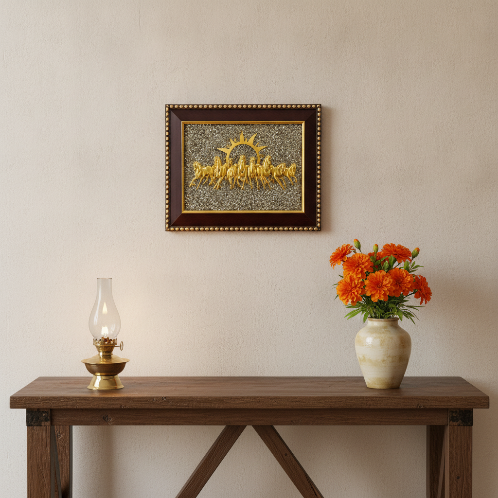 7 Horses on Raw Pyrite Frame – Vastu Seven Horses Wall Decor with Natural Pyrite Stone