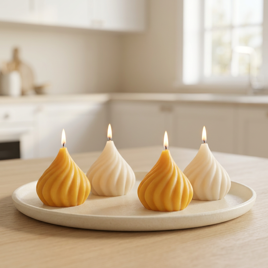 Four spiral candles in a warm Scandinavian dining setting