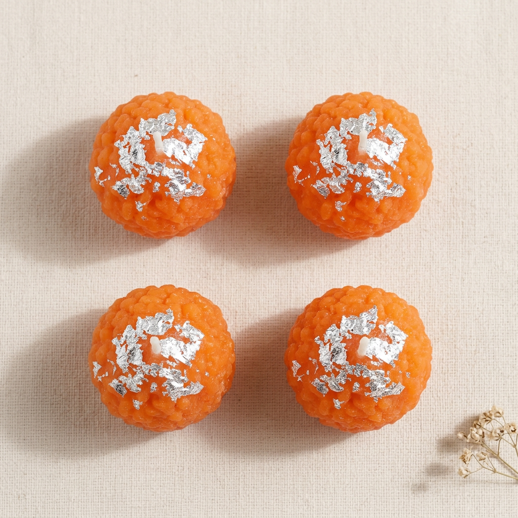 Overhead view of four orange laddu design candles with silver detailing on cream linen