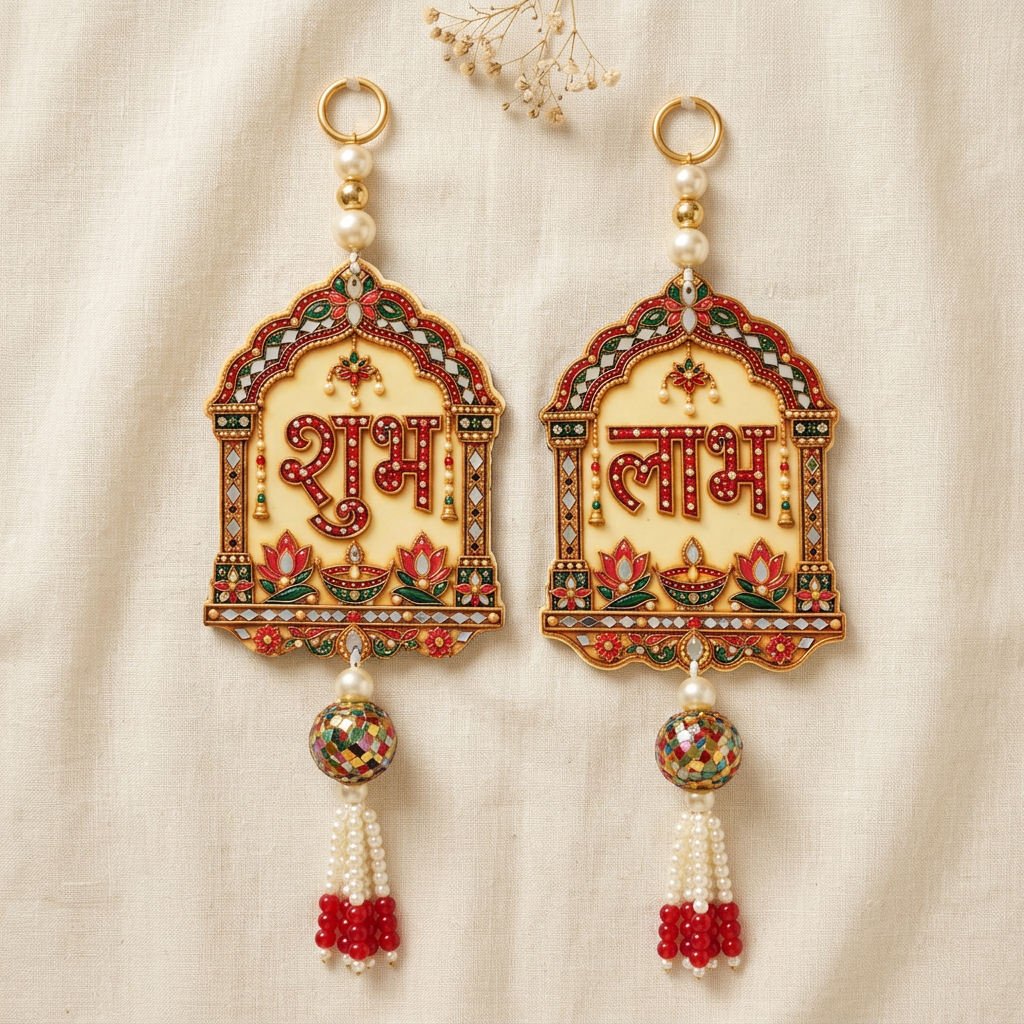 Shubh Labh arch-shaped hanging pair arranged on cream linen with mosaic beads and red-ended pearl tassels