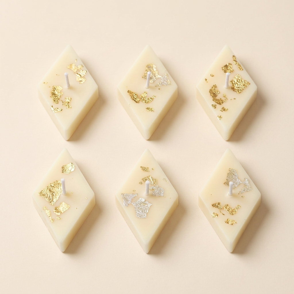 Six ivory Kaju Katli shaped candles showing wax edges and metallic detailing on a cream background