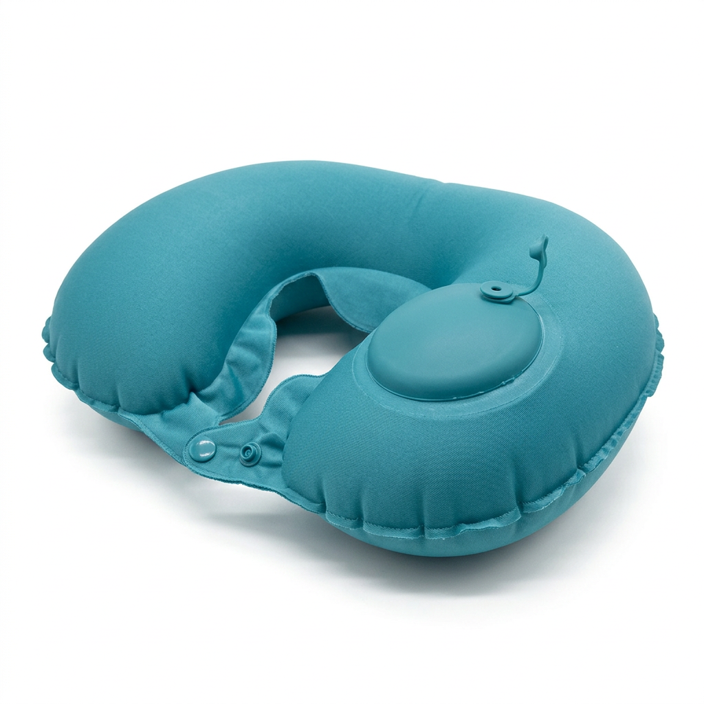 Teal inflatable U-shaped travel neck pillow with circular valve feature on a white background.