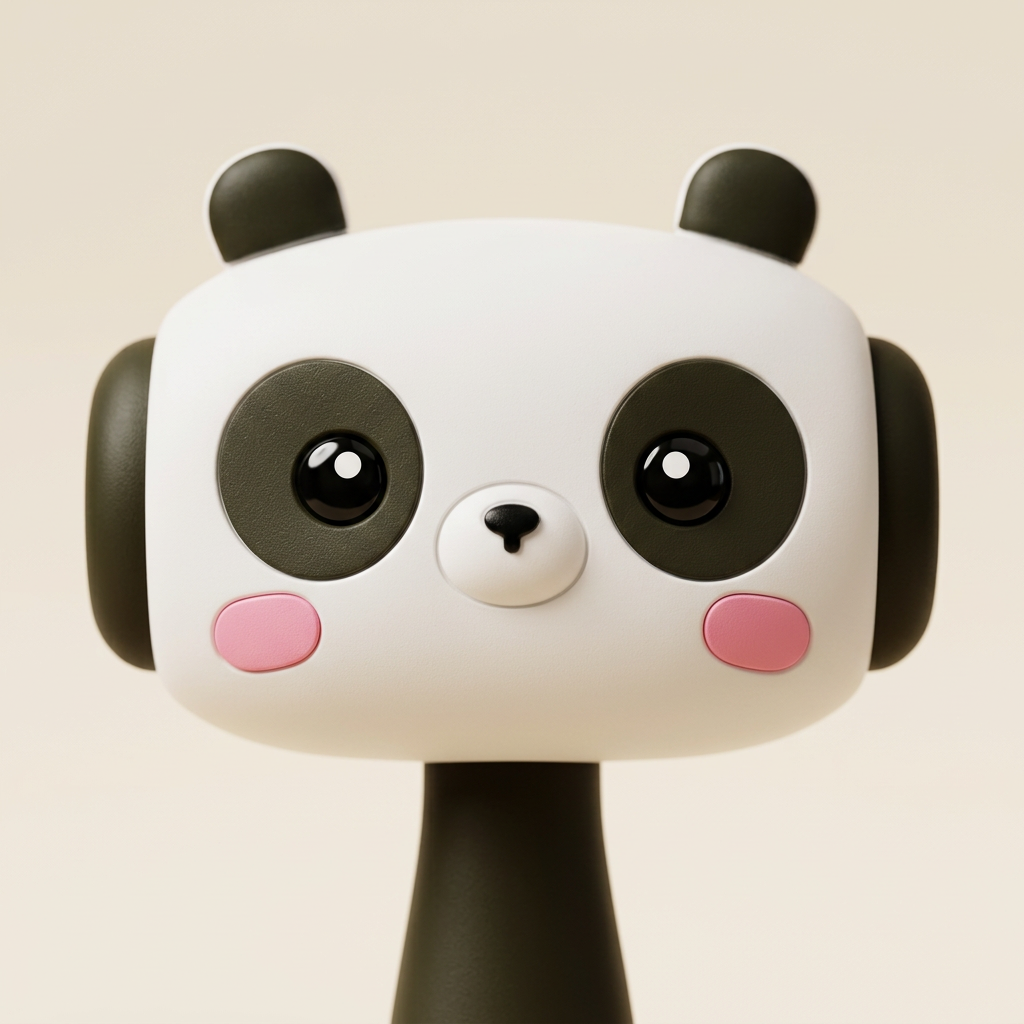Front detail of panda toy hammer showing rounded ears, glossy eyes, small nose and pink cheeks.