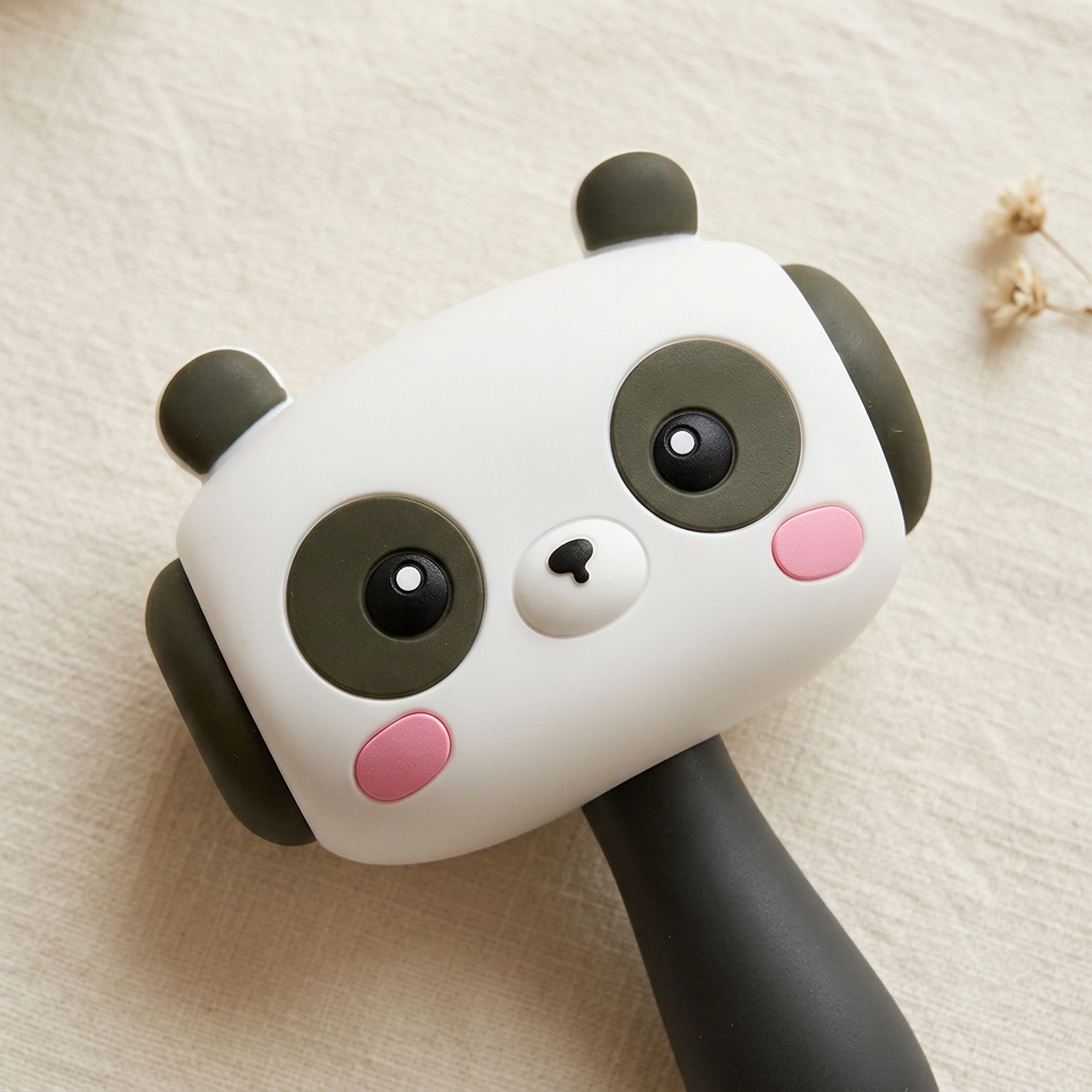 Panda toy hammer head and upper handle resting on cream linen.