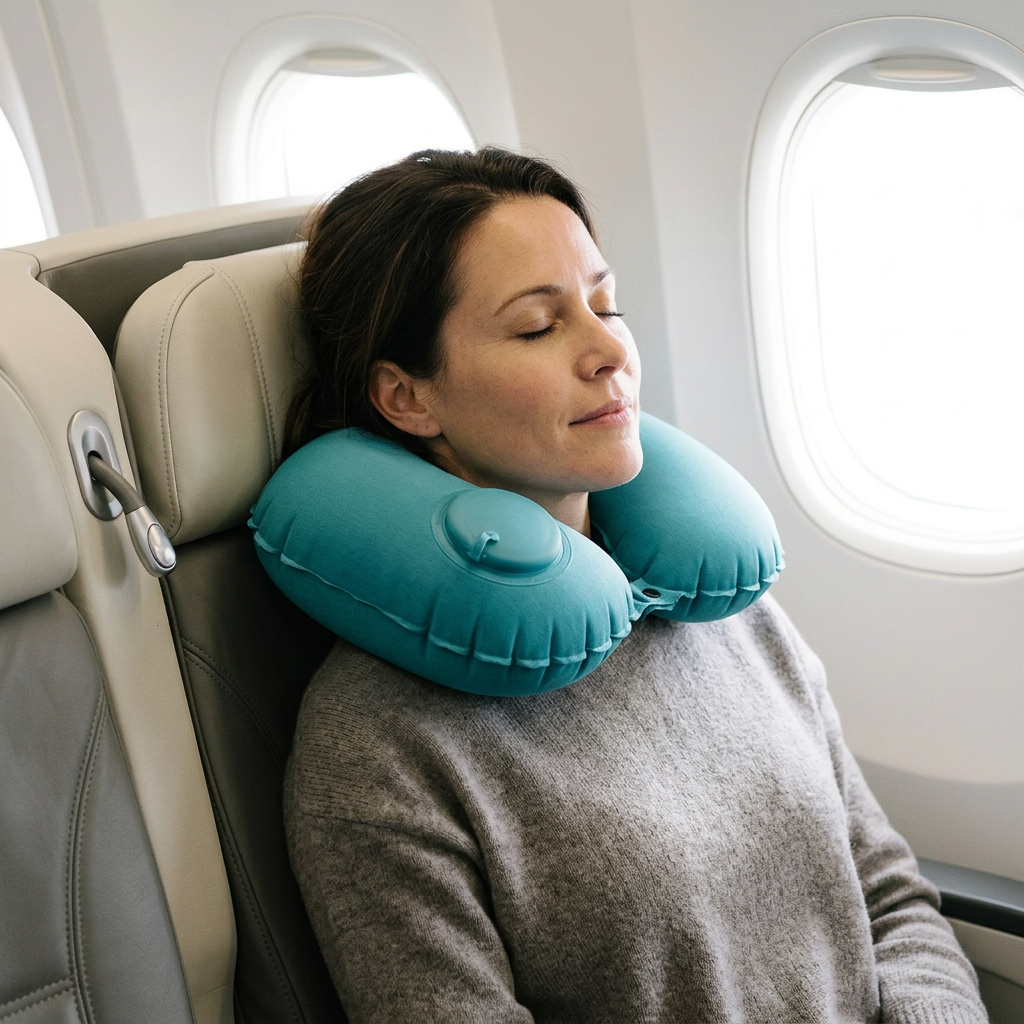 Adult passenger resting in an airplane seat wearing a teal inflatable neck pillow.