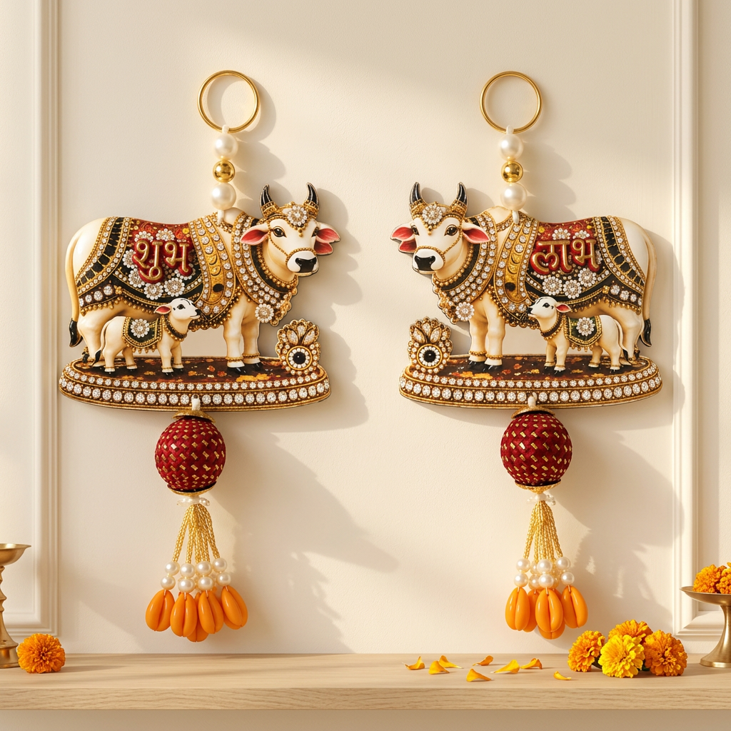 Shubh Labh cow and calf hanging pair displayed on a cream wall above a festive console.