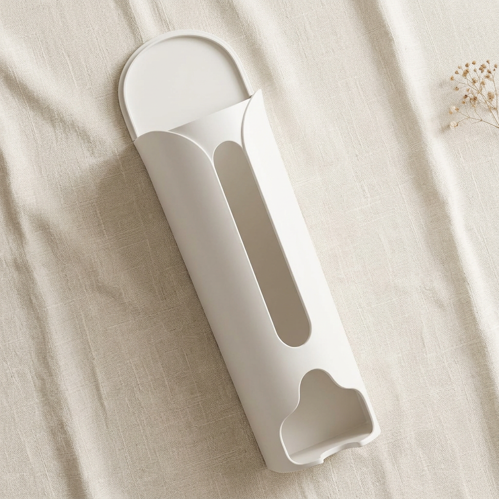 White bag storage organiser arranged on cream linen