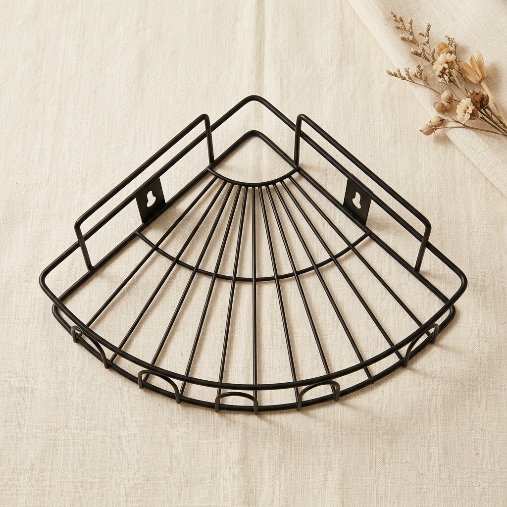 Black corner wire shelf arranged on cream linen