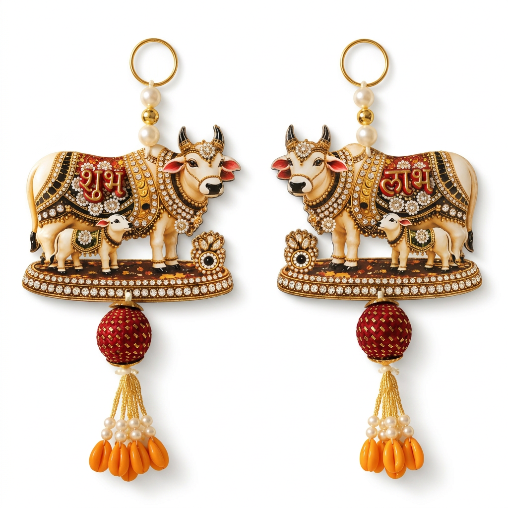Pair of decorative cow and calf hangings with Shubh Labh lettering, gold rings and red-and-orange tassels on white.