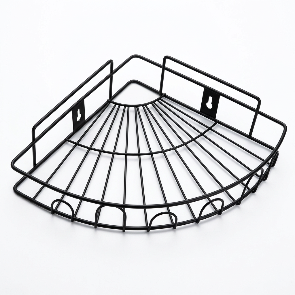 Black quarter-circle corner wire shelf on a white background