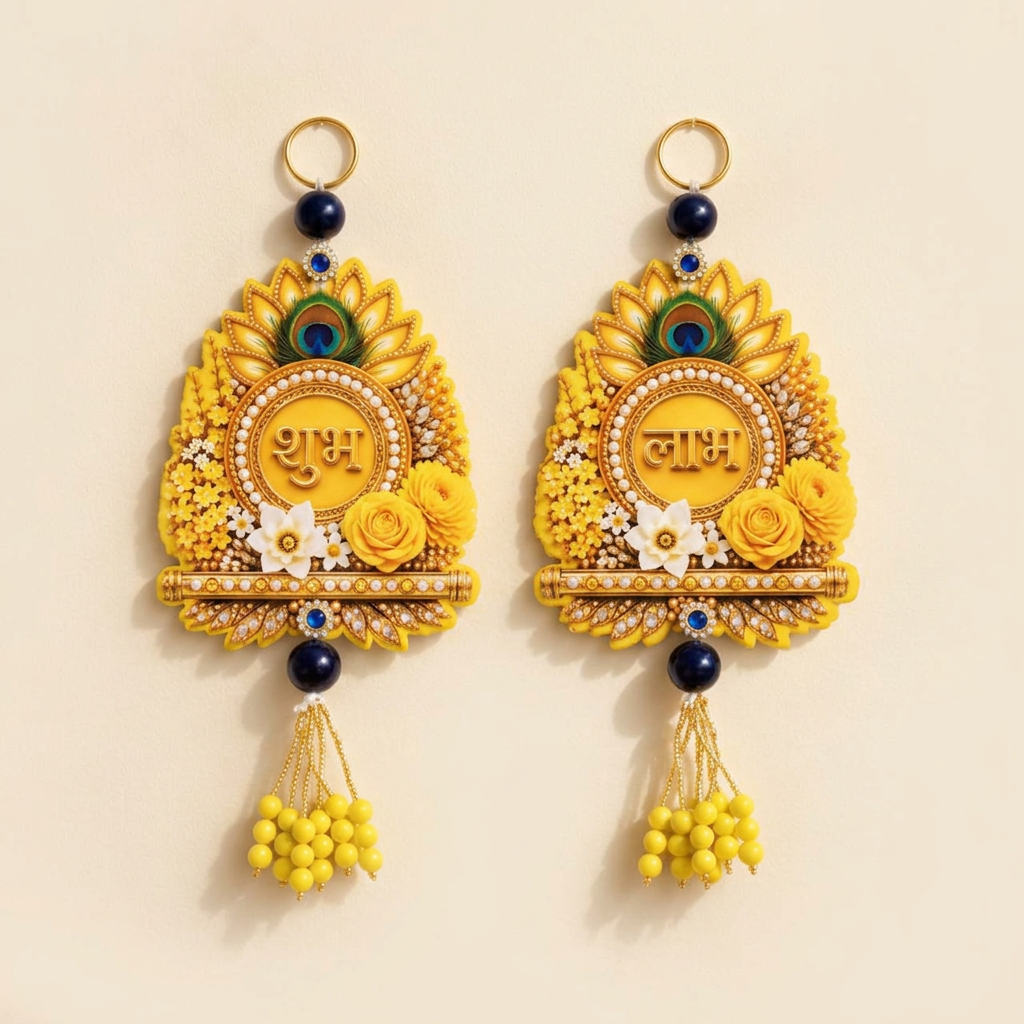 Detailed view of Shubh Labh hangings showing peacock motifs, yellow roses, pearl borders and blue beads