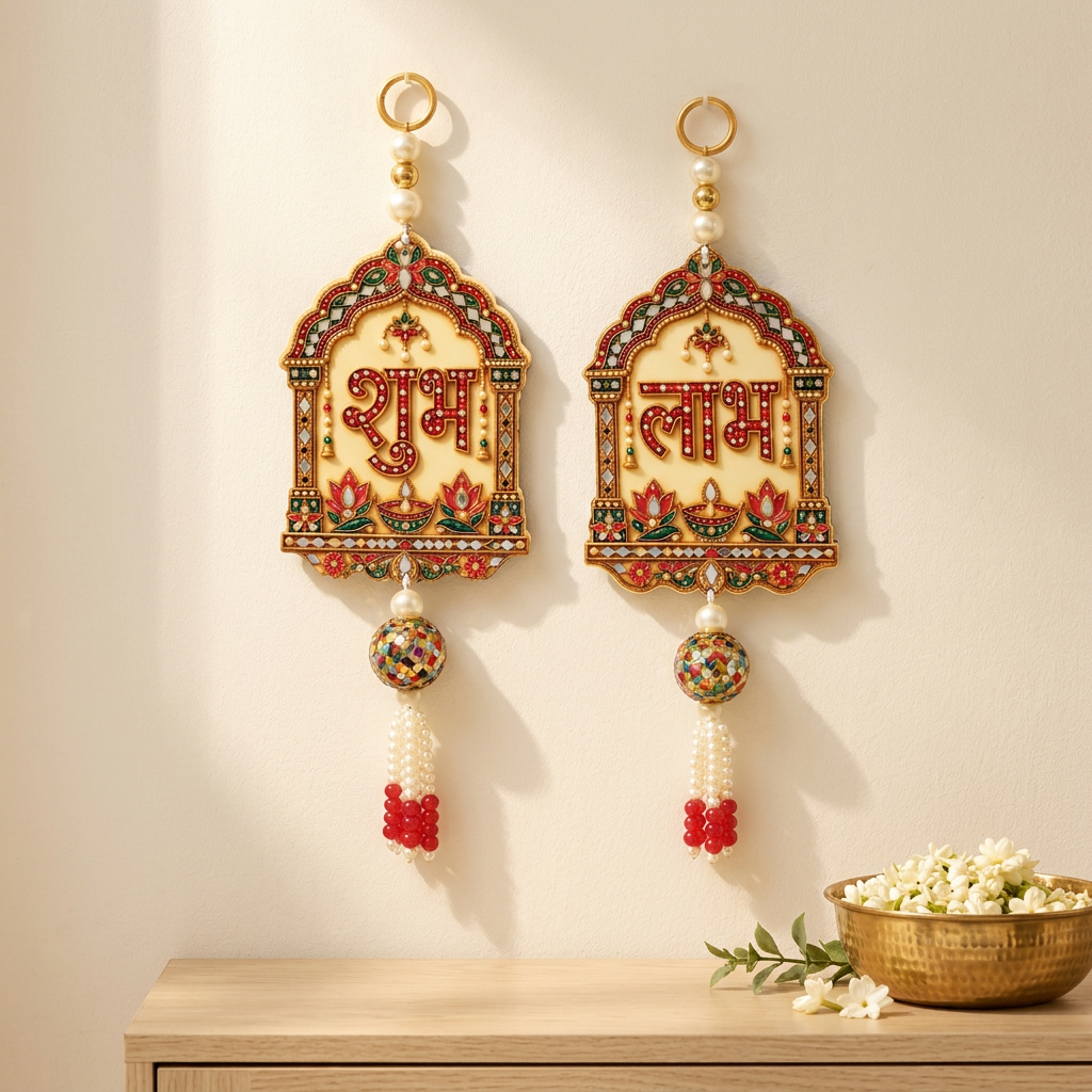 Decorative Shubh Labh hanging pair on a cream wall above a pale wooden console