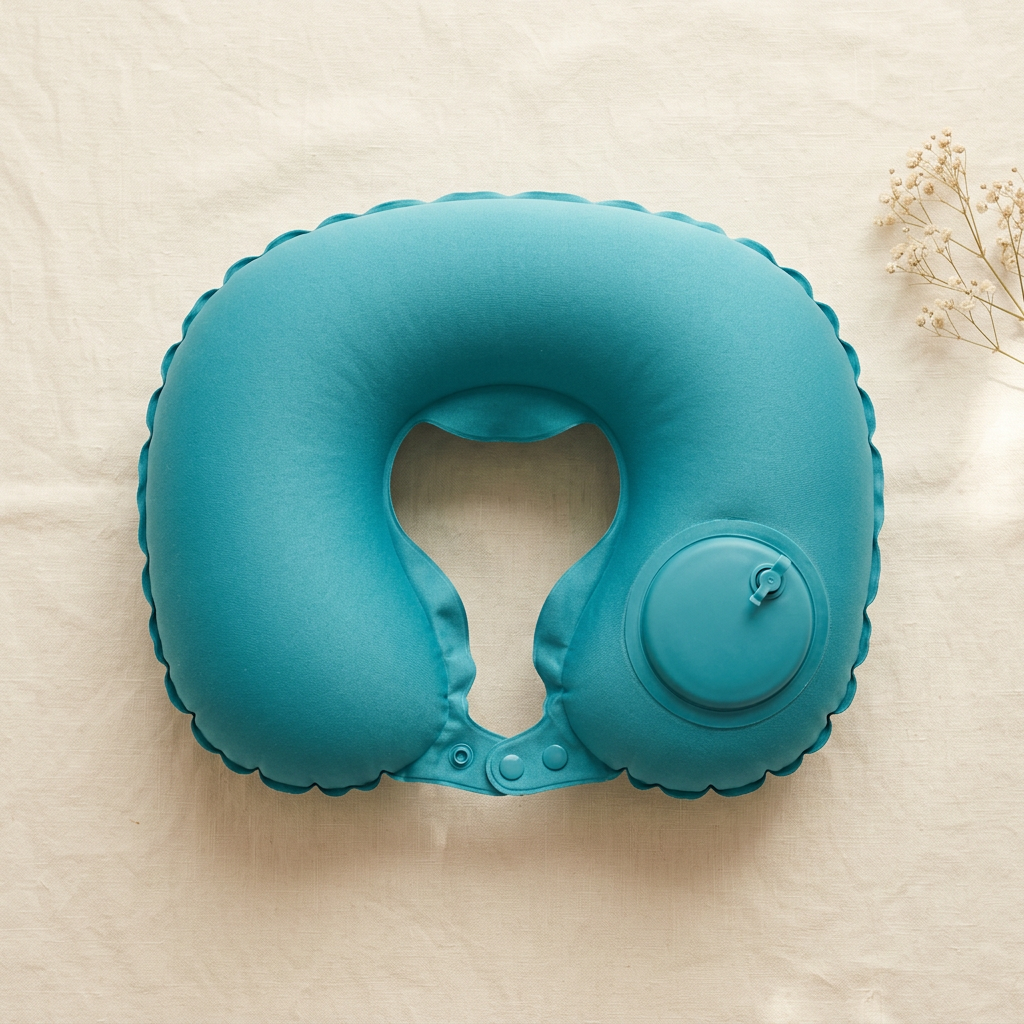 Overhead view of teal inflatable neck pillow on cream linen showing U-shape and circular valve feature.