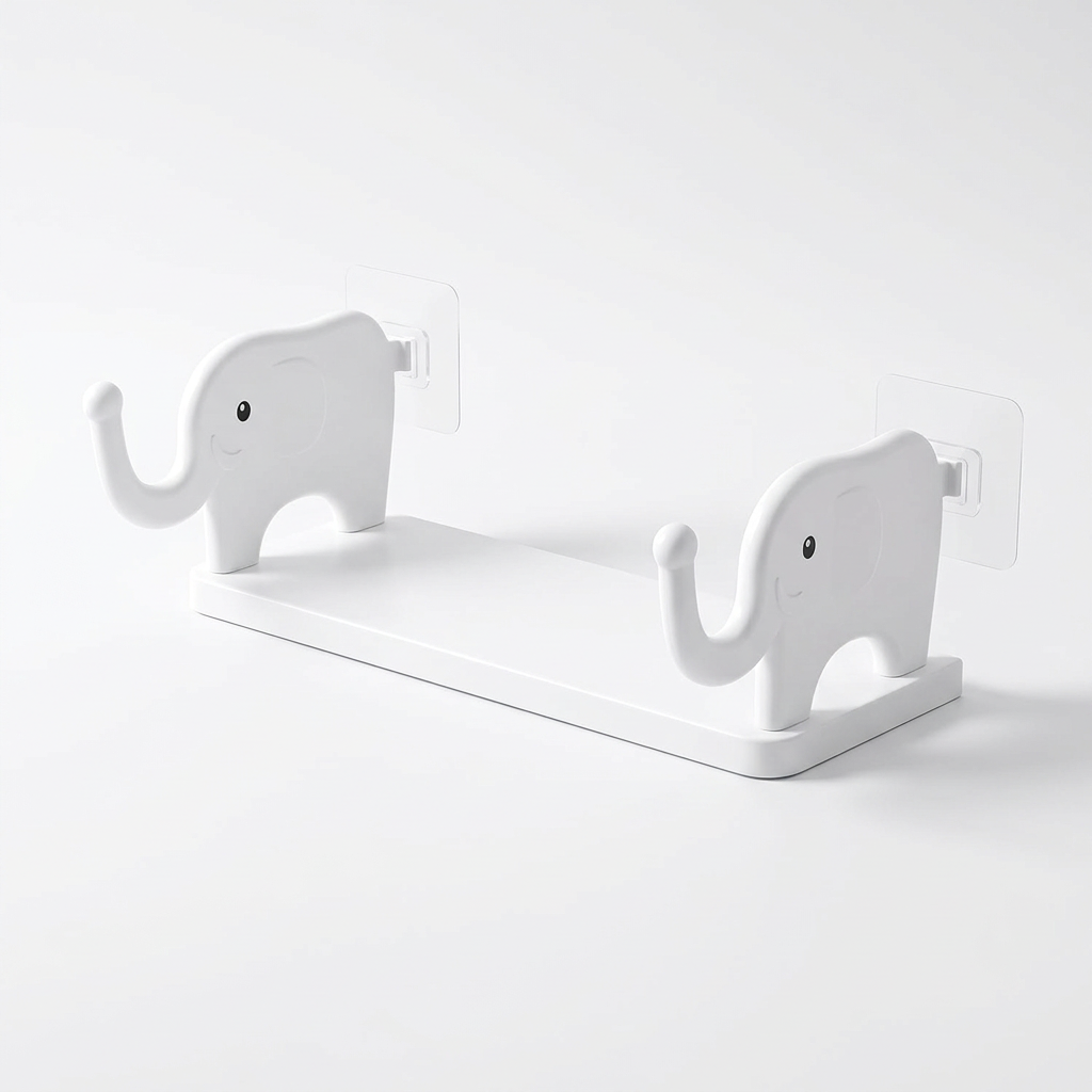 White wall shelf with elephant-shaped end panels on a white background