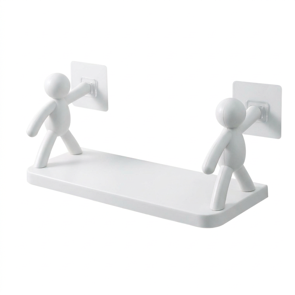 White wall-mounted shelf with human-figure side supports on a white background