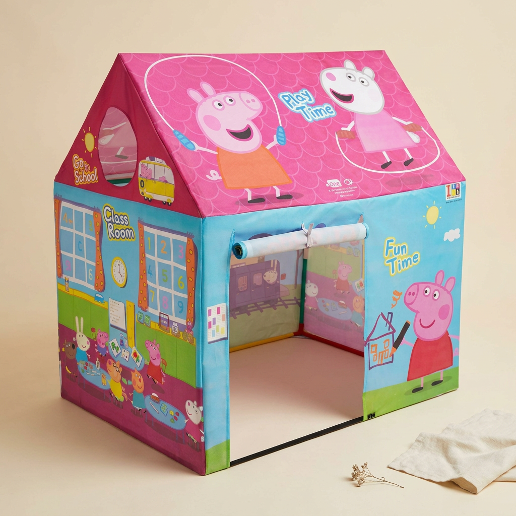 Elevated view of assembled Peppa Pig play tent showing pink pitched roof, illustrated walls and roll-up entrance on a cream background.
