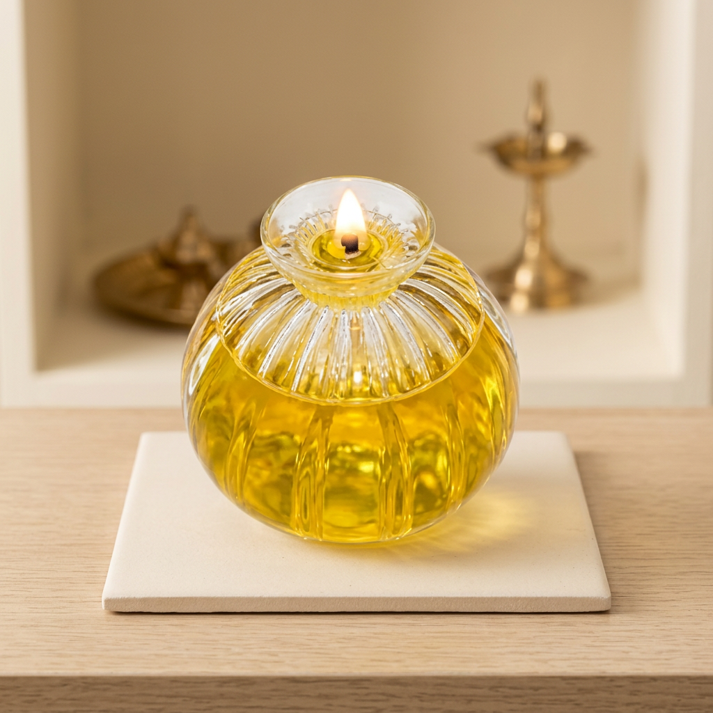 Lit clear ribbed round diya lamp on a cream tile in a softly lit puja nook