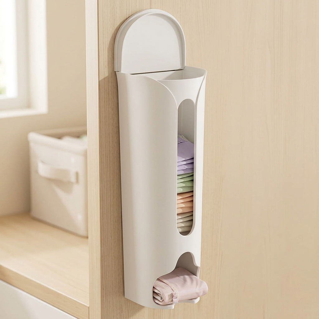 Wall-mounted white bag organiser holding folded bags beside a pale oak cabinet