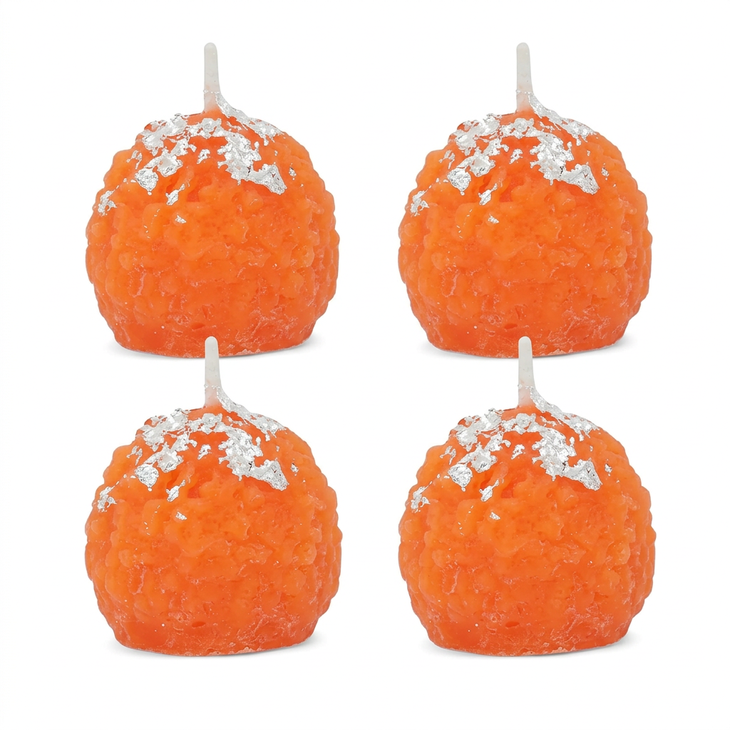 Pack of four orange Moti Chur Laddu design candles with silver detailing on a white background