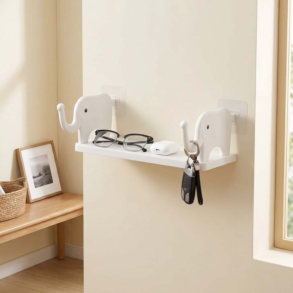 White elephant wall shelf styled with small everyday accessories on a cream wall