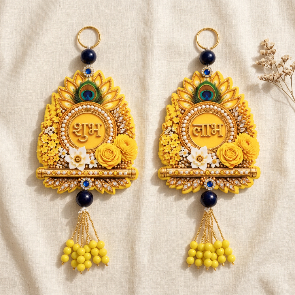 Yellow floral Shubh Labh hanging pair arranged on cream linen with gold rings and bead tassels