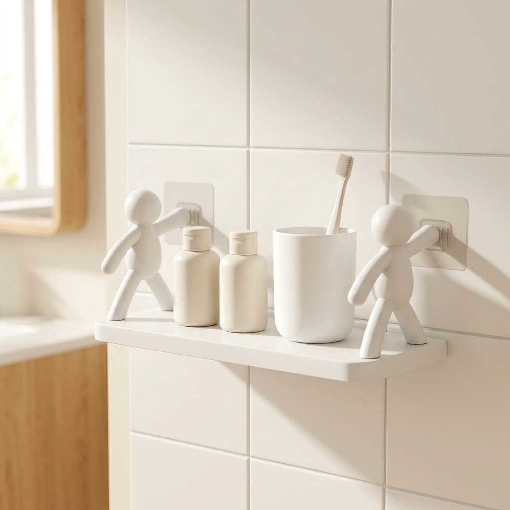 White decorative wall shelf holding toiletries in a bright tiled bathroom