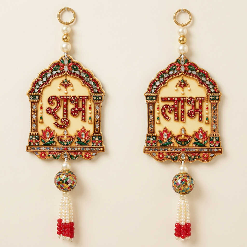Detailed view of Shubh Labh hanging pair showing jeweled red lettering, lotus motifs and ornate mirrored borders