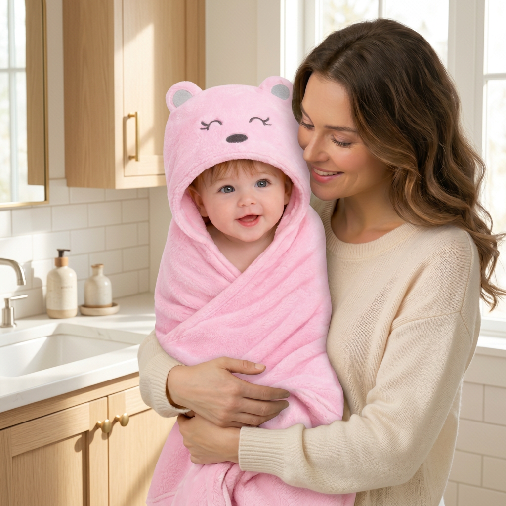 Parent holding a baby wrapped in a pink animal-hood bath towel in a bright bathroom.